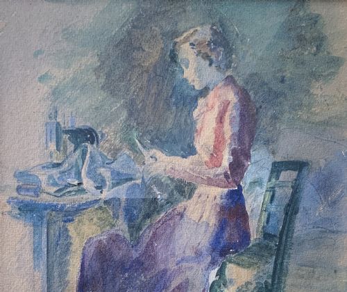 THE SEAMSTRESS WATERCOLOUR PORTRAIT PAINTING 1950 MIDCENTURY IMPRESSIONIST - ADDITIONAL PHOTO 3