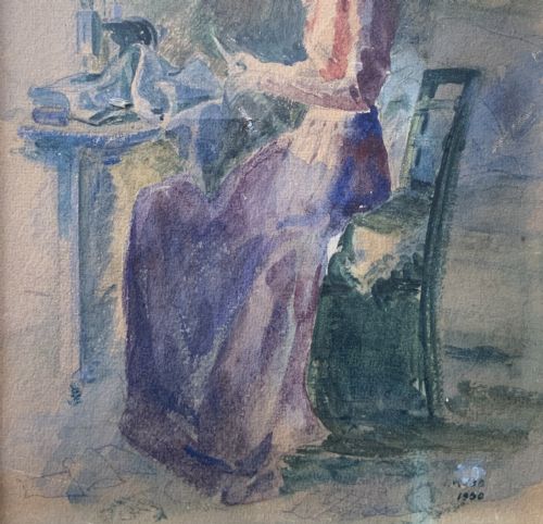 THE SEAMSTRESS WATERCOLOUR PORTRAIT PAINTING 1950 MIDCENTURY IMPRESSIONIST - ADDITIONAL PHOTO 4