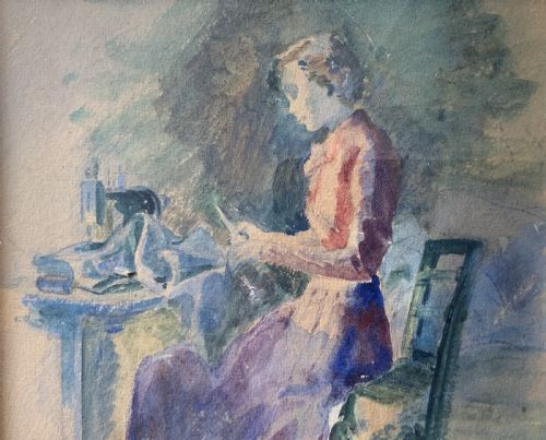 THE SEAMSTRESS WATERCOLOUR PORTRAIT PAINTING 1950 MIDCENTURY IMPRESSIONIST - ADDITIONAL PHOTO 5