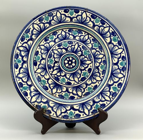 HUGE MOORISH STYLE CHARGER PLATE CONTINENTAL ANTIQUE DELFT FAIENCE BLUE WHITE