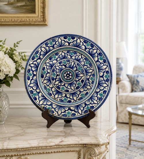 HUGE MOORISH STYLE CHARGER PLATE CONTINENTAL ANTIQUE DELFT FAIENCE BLUE WHITE - ADDITIONAL PHOTO 1