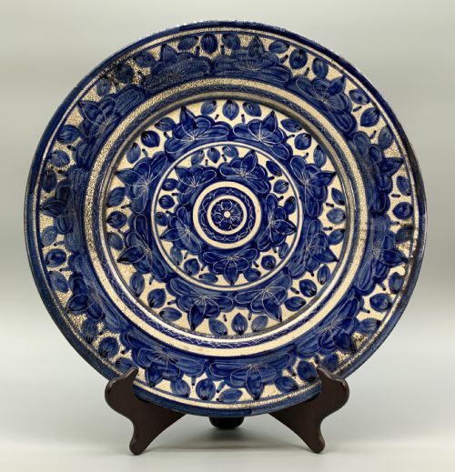 LARGE MOORISH STYLE CHARGER PLATE CONTINENTAL ANTIQUE DELFT FAIENCE BLUE WHITE