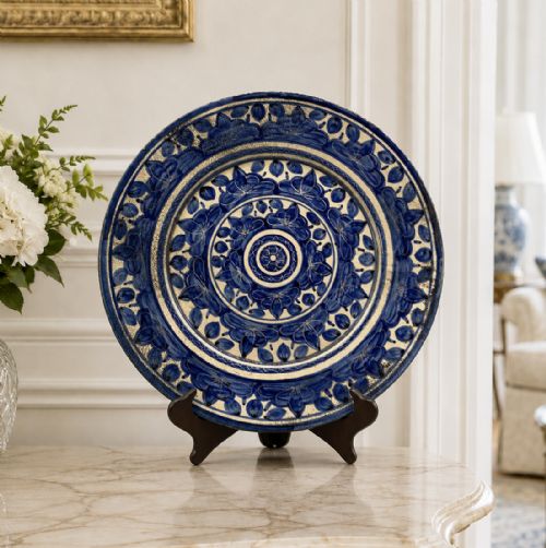 LARGE MOORISH STYLE CHARGER PLATE CONTINENTAL ANTIQUE DELFT FAIENCE BLUE WHITE - ADDITIONAL PHOTO 1