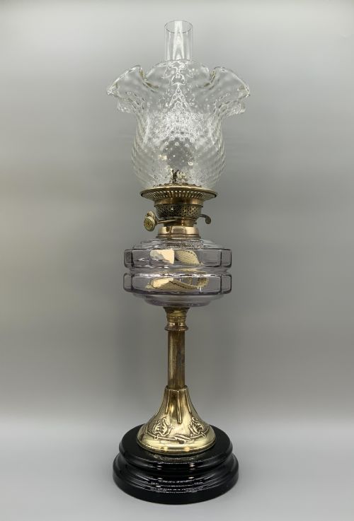 TALL ARTNOUVEAU TABLE OIL LAMP TWINBURNING HANDBLOWN SHADE BRASS AND CERAMIC