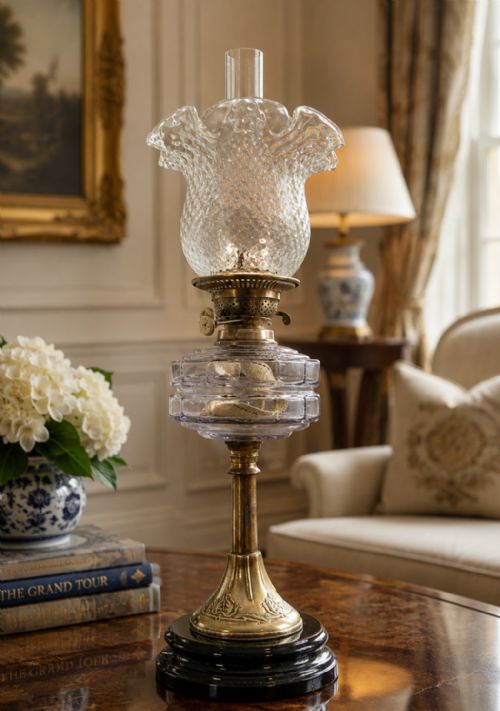 TALL ARTNOUVEAU TABLE OIL LAMP TWINBURNING HANDBLOWN SHADE BRASS AND CERAMIC - ADDITIONAL PHOTO 1