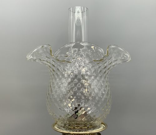 TALL ARTNOUVEAU TABLE OIL LAMP TWINBURNING HANDBLOWN SHADE BRASS AND CERAMIC - ADDITIONAL PHOTO 2