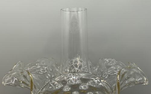 TALL ARTNOUVEAU TABLE OIL LAMP TWINBURNING HANDBLOWN SHADE BRASS AND CERAMIC - ADDITIONAL PHOTO 3