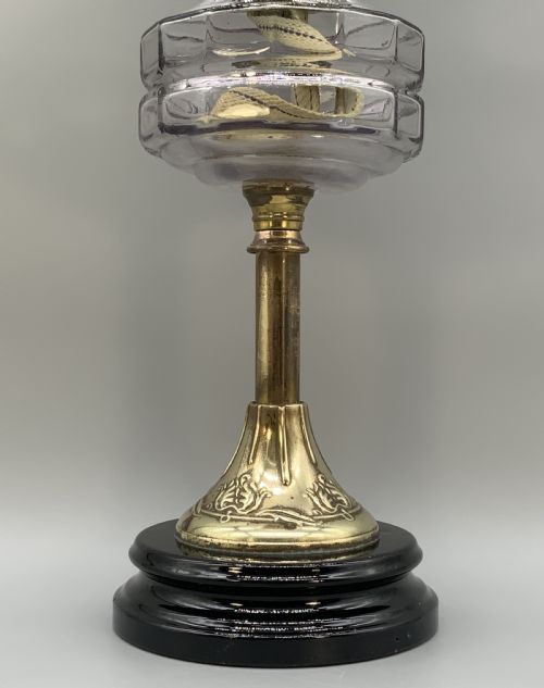 TALL ARTNOUVEAU TABLE OIL LAMP TWINBURNING HANDBLOWN SHADE BRASS AND CERAMIC - ADDITIONAL PHOTO 5