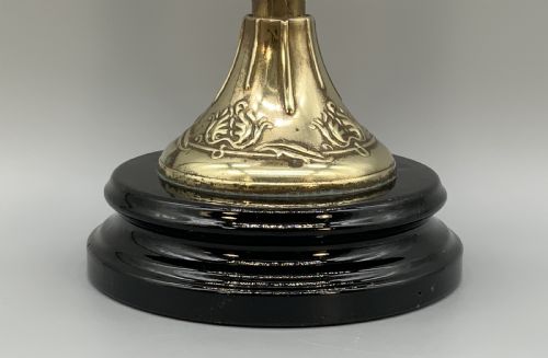 TALL ARTNOUVEAU TABLE OIL LAMP TWINBURNING HANDBLOWN SHADE BRASS AND CERAMIC - ADDITIONAL PHOTO 6