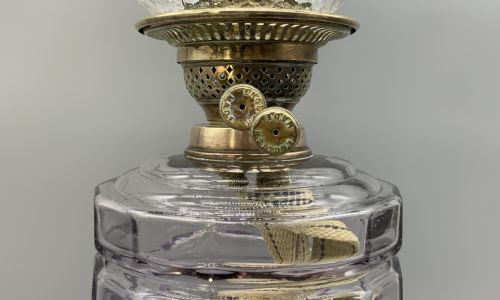 TALL ARTNOUVEAU TABLE OIL LAMP TWINBURNING HANDBLOWN SHADE BRASS AND CERAMIC - ADDITIONAL PHOTO 8