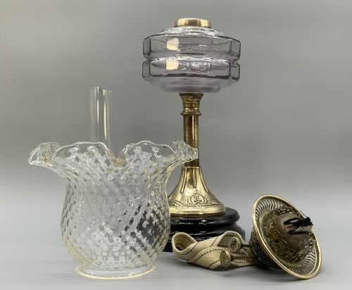 TALL ARTNOUVEAU TABLE OIL LAMP TWINBURNING HANDBLOWN SHADE BRASS AND CERAMIC - ADDITIONAL PHOTO 11