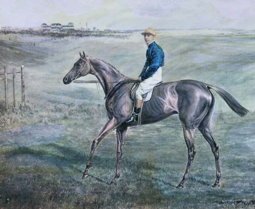 PAIR ANTIQUE MINIATURE HORSE RACING SPORTING PRINTS GILT FRAMES CIRCA 1950 - ADDITIONAL PHOTO 3