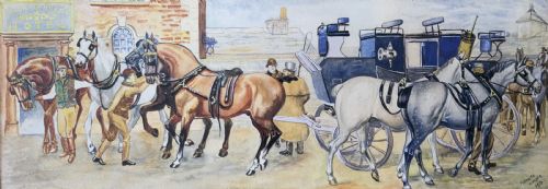 ORIGINAL COACH HORSES WATERCOLOUR PAINTING ANTIQUE C 1913 SIGNED OAK FRAMED