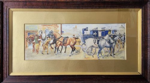 ORIGINAL COACH HORSES WATERCOLOUR PAINTING ANTIQUE C 1913 SIGNED OAK FRAMED - ADDITIONAL PHOTO 1