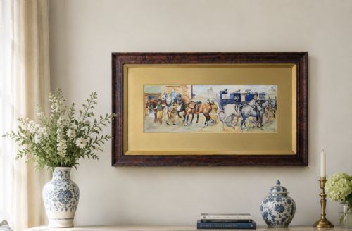 ORIGINAL COACH HORSES WATERCOLOUR PAINTING ANTIQUE C 1913 SIGNED OAK FRAMED - ADDITIONAL PHOTO 2