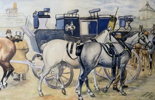 ORIGINAL COACH HORSES WATERCOLOUR PAINTING ANTIQUE C 1913 SIGNED OAK FRAMED - ADDITIONAL PHOTO 3