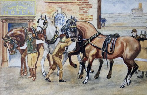 ORIGINAL COACH HORSES WATERCOLOUR PAINTING ANTIQUE C 1913 SIGNED OAK FRAMED - ADDITIONAL PHOTO 5