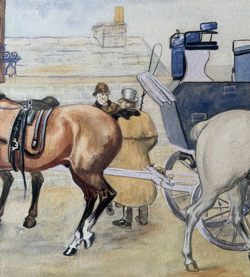ORIGINAL COACH HORSES WATERCOLOUR PAINTING ANTIQUE C 1913 SIGNED OAK FRAMED - ADDITIONAL PHOTO 7
