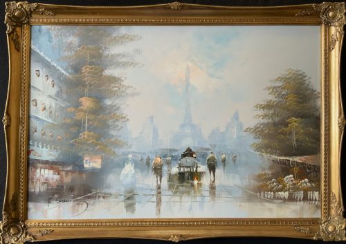 LARGE PARIS CITYSCAPE OIL PAINTING IMPRESSIONIST VINTAGE GILT FRAME