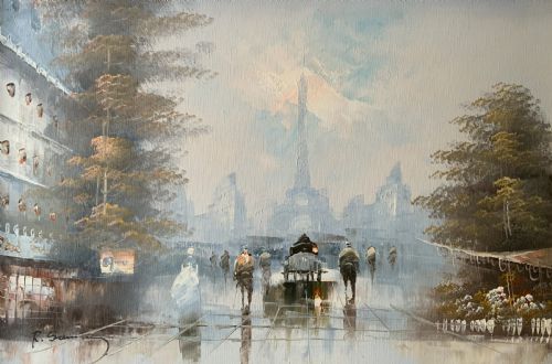 LARGE PARIS CITYSCAPE OIL PAINTING IMPRESSIONIST VINTAGE GILT FRAME - ADDITIONAL PHOTO 1