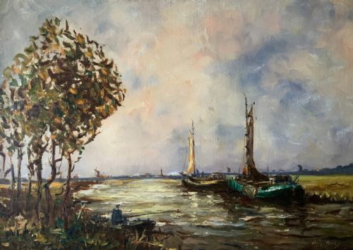 fig 1. An impressionistic Dutch canalscape oil painting depicting traditional barges alongside a grassy riverbank, housed in an ornate carved gold frame.