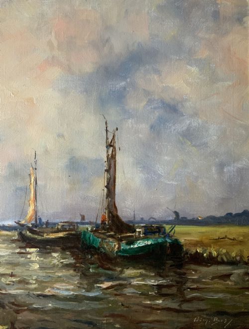 fig 3. An impressionistic Dutch canalscape oil painting depicting traditional barges alongside a grassy riverbank, housed in an ornate carved gold frame.