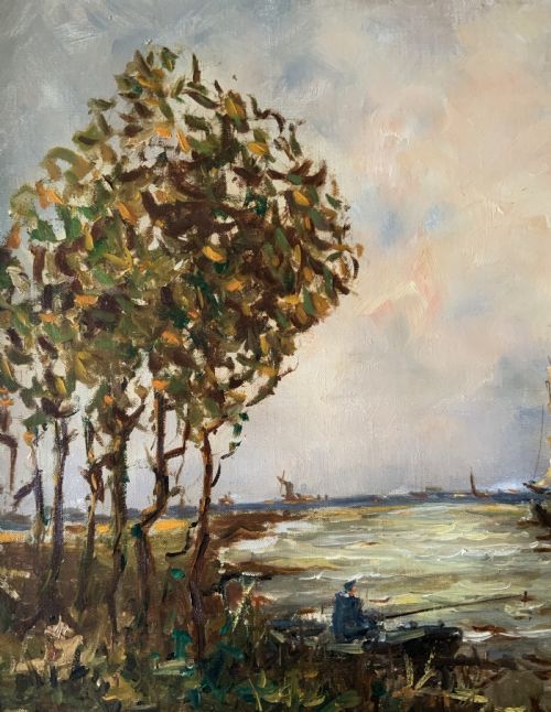fig 5. An impressionistic Dutch canalscape oil painting depicting traditional barges alongside a grassy riverbank, housed in an ornate carved gold frame.