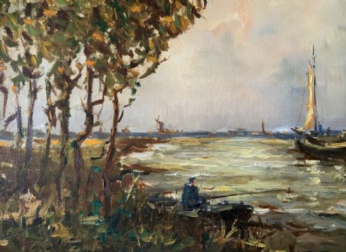 fig 6. An impressionistic Dutch canalscape oil painting depicting traditional barges alongside a grassy riverbank, housed in an ornate carved gold frame.