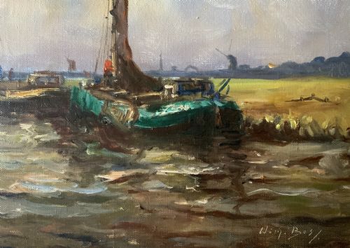 fig 7. An impressionistic Dutch canalscape oil painting depicting traditional barges alongside a grassy riverbank, housed in an ornate carved gold frame.