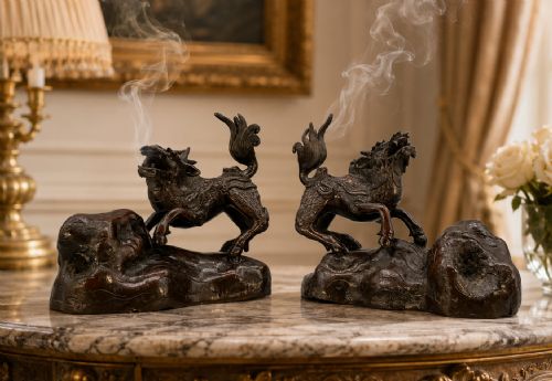 fig 1. A pair of patinated dark bronze Japanese mythical creature statues positioned on sculpted rocky bases.