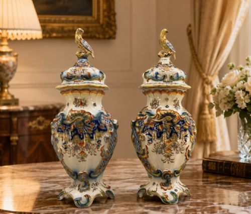 fig 1. A pair of ornate French faience lidded vases decorated with hand-painted polychrome florals, Rococo scrollwork moulding, and sculptural parrot finials.
