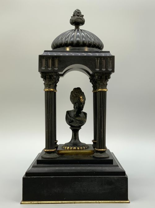 Exceptional 19th-century Grand Tour Patinated Bronze & Marble Classical Temple with Bust