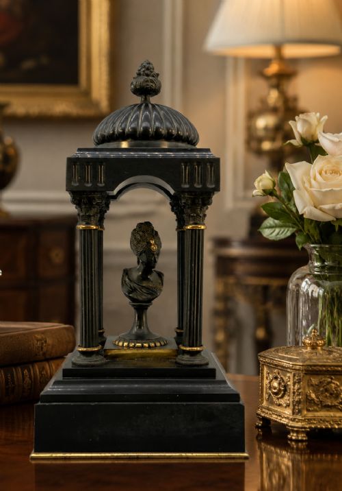 fig 1. A 19th-century patinated bronze and black marble classical domed temple featuring fluted columns and a central classical bust.