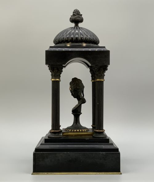 fig 5. A 19th-century patinated bronze and black marble classical domed temple featuring fluted columns and a central classical bust.