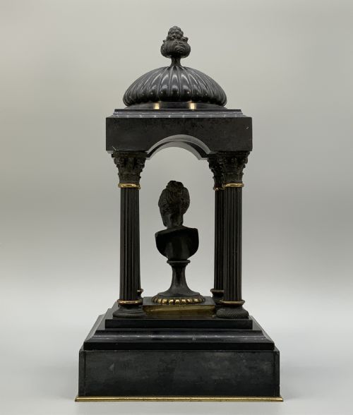fig 6. A 19th-century patinated bronze and black marble classical domed temple featuring fluted columns and a central classical bust.