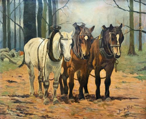 fig 1. A framed 1948 oil painting depicting three harnessed working horses standing in a autumn forest setting within a gold gilded frame.