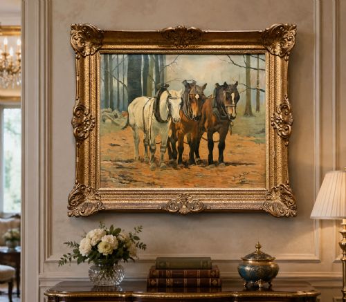 fig 3. A framed 1948 oil painting depicting three harnessed working horses standing in a autumn forest setting within a gold gilded frame.
