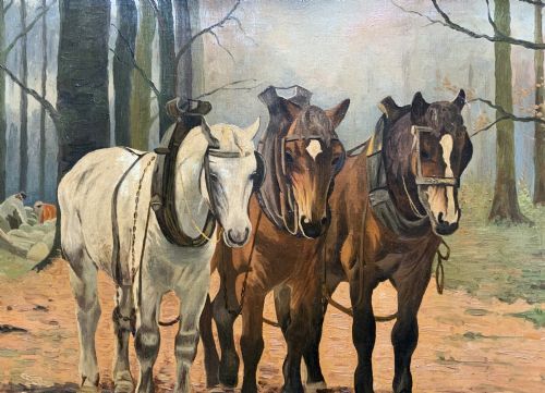 fig 5. A framed 1948 oil painting depicting three harnessed working horses standing in a autumn forest setting within a gold gilded frame.