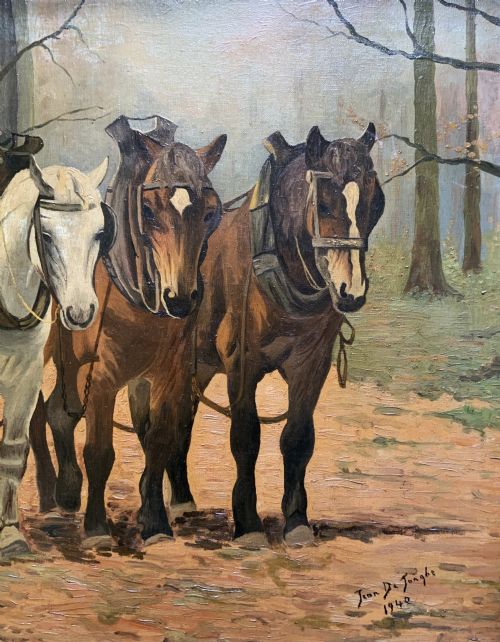 fig 6. A framed 1948 oil painting depicting three harnessed working horses standing in a autumn forest setting within a gold gilded frame.