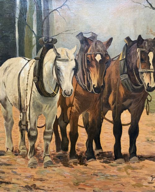 fig 7. A framed 1948 oil painting depicting three harnessed working horses standing in a autumn forest setting within a gold gilded frame.