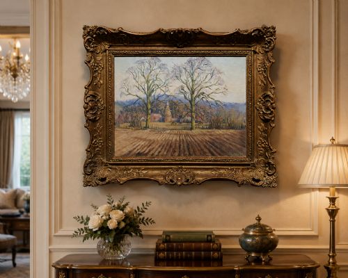 fig 1. An original landscape oil painting depicting a ploughed field and bare trees before a hop kiln, set in an ornate swept gilded frame.