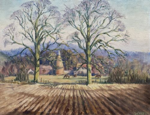 fig 2. An original landscape oil painting depicting a ploughed field and bare trees before a hop kiln, set in an ornate swept gilded frame.