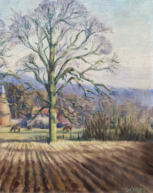 fig 4. An original landscape oil painting depicting a ploughed field and bare trees before a hop kiln, set in an ornate swept gilded frame.