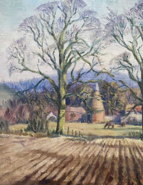 fig 6. An original landscape oil painting depicting a ploughed field and bare trees before a hop kiln, set in an ornate swept gilded frame.