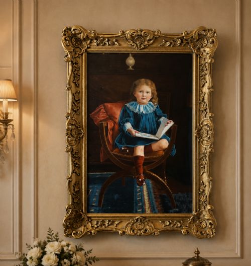 fig 1. An oil portrait on canvas depicting a young child in a blue dress seated in a wooden chair, enclosed within an ornate giltwood frame.