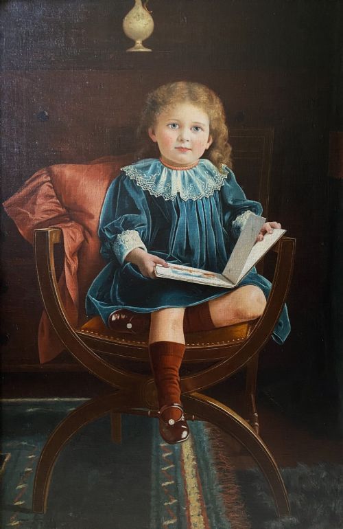 fig 4. An oil portrait on canvas depicting a young child in a blue dress seated in a wooden chair, enclosed within an ornate giltwood frame.