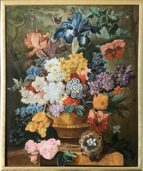 Large Antique Still Life Oil Painting Dutch Flowers, Birds Nest & Butterfly