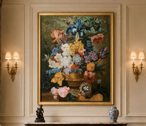 fig 1. A gilt-framed oil painting featuring a dense bouquet of colourful flowers in a classical urn alongside a birds nest with eggs.