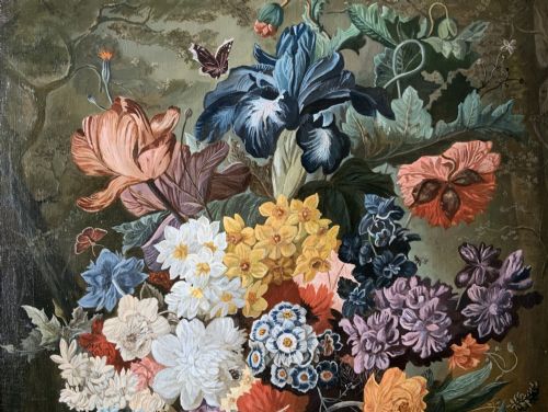 fig 3. A gilt-framed oil painting featuring a dense bouquet of colourful flowers in a classical urn alongside a birds nest with eggs.