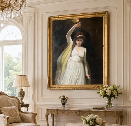 fig 1. A large gilt-framed Georgian oil painting on canvas depicting a woman in white classical drapery holding a torch against a dark background.